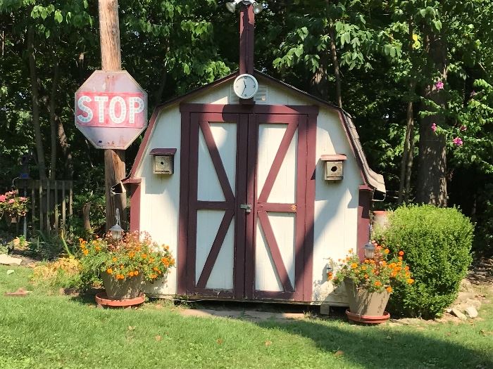 Large Weathered Stop Sign, Large Planters with Lantern Lights (Shed Not For Sale)