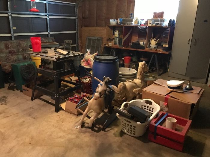 Tools, Saw Stand, Futon, TLC Plastic Horses, Marching Band Hats (Whole Box)