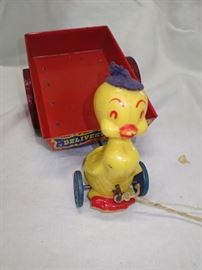 YELLOW DUCK W/ DELIVERY WAGON RED METAL Vintage Easter Mattel Tin Wagon . Duck . Delivery Wagon . Music Box . Plastic Duck . Pull Toy
