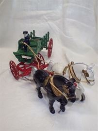 CAST IRON HORSES AND CART W/ DRIVER