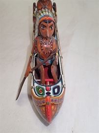 VINTAGE TOM TOM CANOE RED INDIAN TIN FRICTION TOY SM FINE TOYS JAPAN