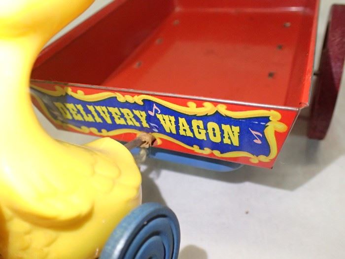 YELLOW DUCK W/ DELIVERY WAGON RED METAL Vintage Easter Mattel Tin Wagon . Duck . Delivery Wagon . Music Box . Plastic Duck . Pull Toy
