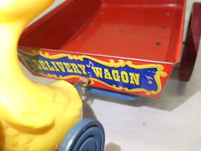 YELLOW DUCK W/ DELIVERY WAGON RED METAL Vintage Easter Mattel Tin Wagon . Duck . Delivery Wagon . Music Box . Plastic Duck . Pull Toy