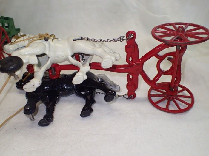 CAST IRON HORSES AND CART W/ DRIVER