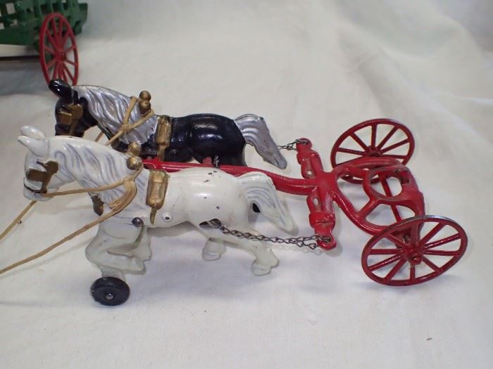 CAST IRON HORSES AND CART W/ DRIVER