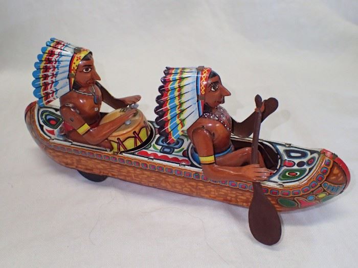 VINTAGE TOM TOM CANOE RED INDIAN TIN FRICTION TOY SM FINE TOYS JAPAN