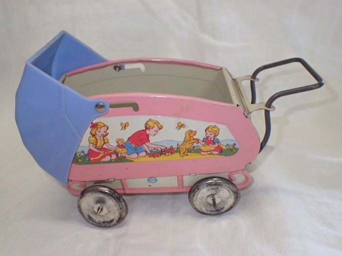 TIN BABY BUGGY PINK / BLUE TOP  1940'S OHIO ART CO TIN DOLL PRAM HARD TO FIND

