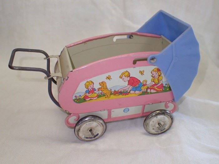 TIN BABY BUGGY PINK / BLUE TOP  1940'S OHIO ART CO TIN DOLL PRAM HARD TO FIND
