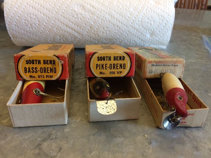 Vintage fishing lures from Heddon and South Bend.