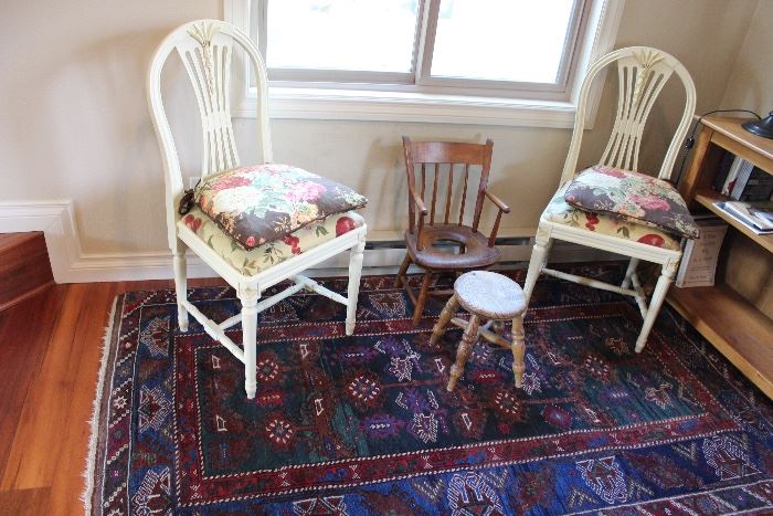 Hand woven Rug, Chairs, Antique Children's Commode Chair