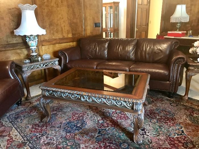 Excellent Metal Scroll Work Glass Top Coffee Table with Matching End Tables, Leather & Tack Couch