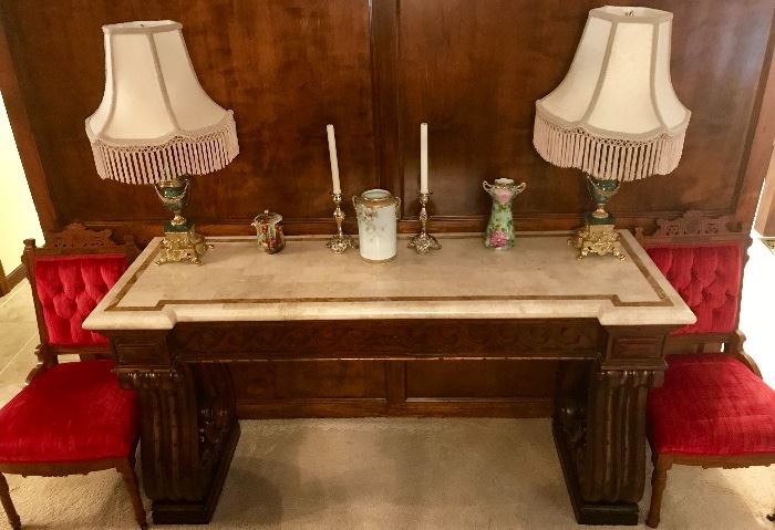 Marble Top Console Table, Victorian Velvet Chairs, Converted Marble & Brass Lamps