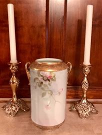 Handpainted Vase, Silverplate Candleholders