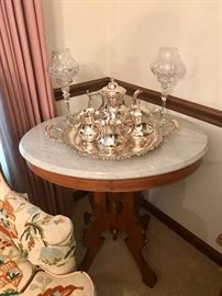 Victorian Marble Top Table, Silverplate Tea Set, Crystal Candle Holders