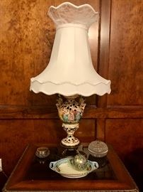 Large Italian Lamp with Original Shade, Vanity Trinket Boxes, Vintage Ceramic Hand Painted Dish, Studio Glass