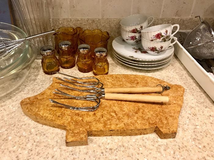 Cork Board, Vintage Amber Glassware, Teacup Set, Vintage Kitchenware