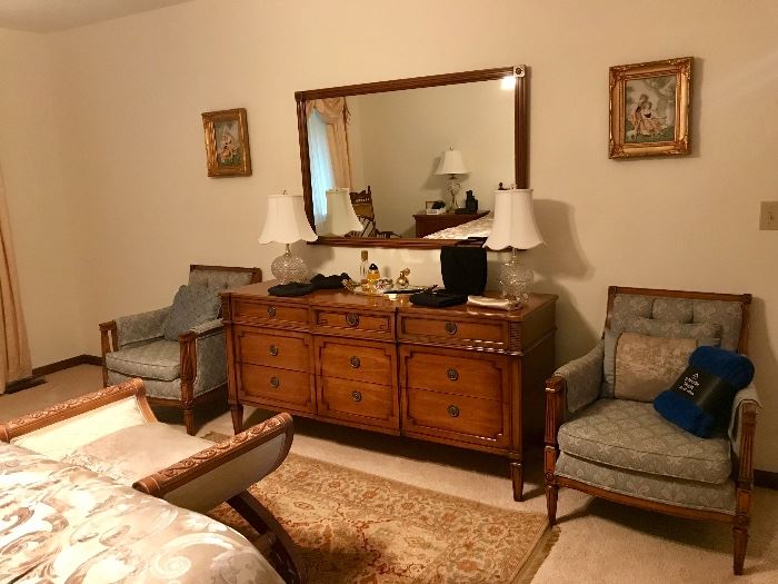 Dresser with mirror, Crystal & brass Lamps, Matching Arm Chairs