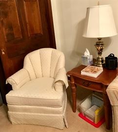 White Swivel Arm Chair, End Table, Greeting Cards