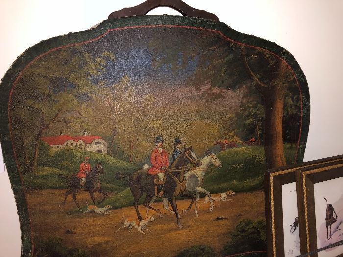 Antique English Foxhound painted fire screen 