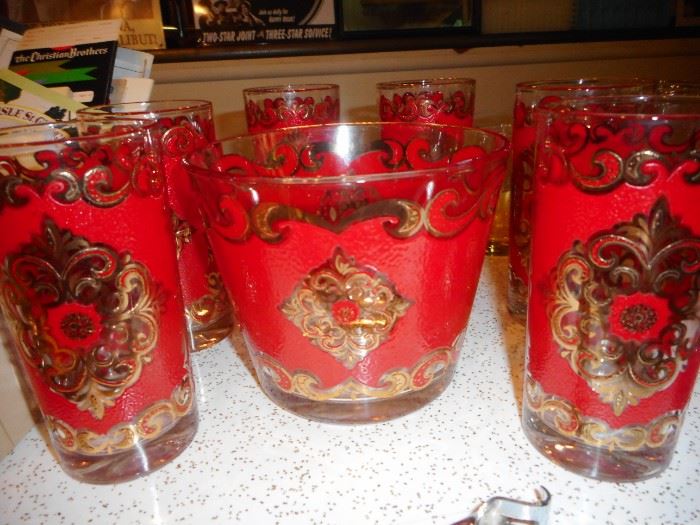 Mid Century Starlite Bar Ware. Red Gold Ice Bucket, 6 High Ball Glasses