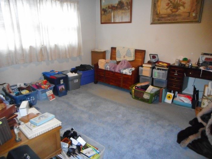 Cedar Chest, Singer Sewing Machine with Cabinet. Sewing Notions, Women Men Clothing, Shoes. Coats. Books..ROOM OF EVERYTHING!! 