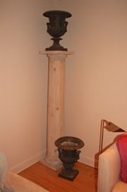 Pair of Decorative Urns and Pedestal with Desk Lamp