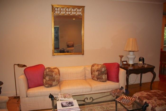 Mirror, Sofa, Side Table, Lamp, Decorative Items and Pillows