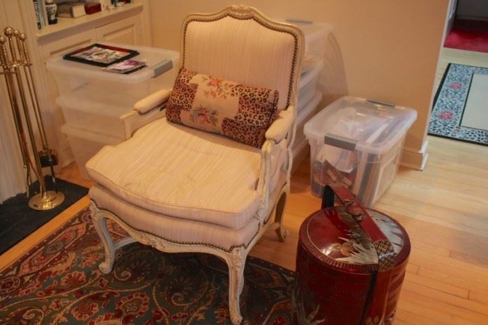 Upholstered Chair, Side Table/Hamper and Accent Pillow