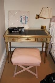 Small Writing Desk with Wall Sconce and Pink Bench