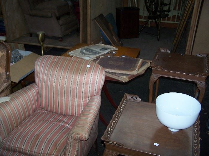 PAIR OF LAMP TABLES, OLD CHAIR & MORE