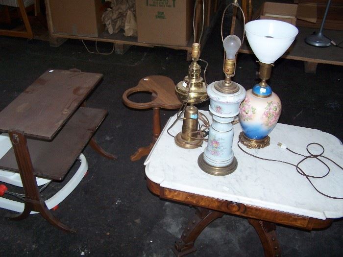 OLD LAMPS, MARBLE-TOP COFFEE TABLE & MAHOGANY STAND