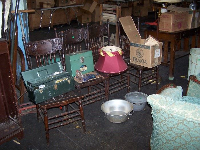 PRESS-BACK OAK CHAIRS, 1940S GREEN CHAIR ( MATCH TO SOFA IN PREVIOUS PICTURE) & MORE