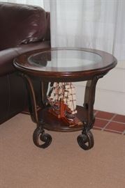 Wood & Glass Round Table with Ship Model