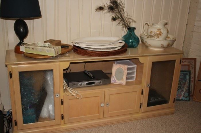 Wood Cabinet, Decorative Serving Pieces and other Household Items with Table Lamp