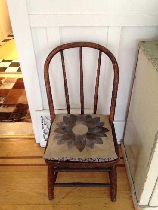 Antique chair w/vintage leather patterned pillow