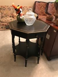 #19 Black Painted w/gold accents table - Ernest Hemmingway - Thomasville 28x30 One drawer and 2 teacup pullout trays $150.00
