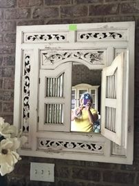 #39 Distressed White Wall Hanging w/mirror Door $75.00
