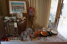 Look at that brass and marble parlor lamp with the cranberry coindot ruffled glass lamp shade