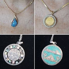 Opal set in Gold, 1/10 Krugerrand set in gold chain, Mexican pendant