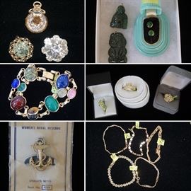 Jade, gold bracelets, gold rings, and many unique pieces