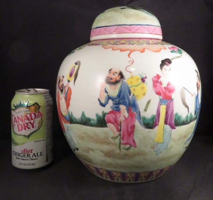 HUGE Antique Chinese Famille Rose Porcelain Ginger Jar Depicting the Eight Immortals with Original Lid 