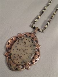 Victorian Period Gold Filled Mossy Agate Pendant with Enameled Sterling Silver Chain 