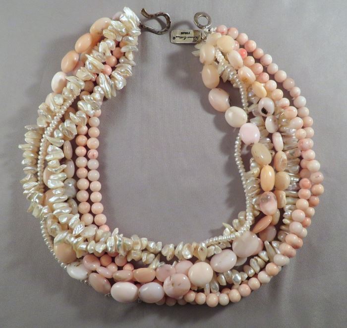 Gorgeous SIGNED Angel Skin Coral, Freshwater and Seed Pearl Multi-Strand Necklace by Rebecca Collins