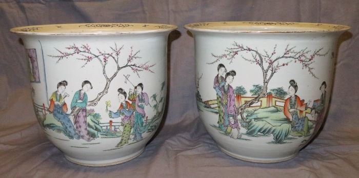 Fabulous Pair of Republic Period Chinese Famille Rose Porcelain Jardinieres/Planters with Calligraphy
