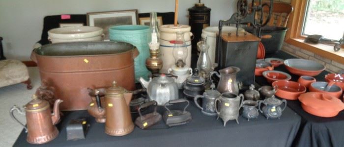 Lots of Pewter, silverplate, copper items. Along with antique sad-irons.