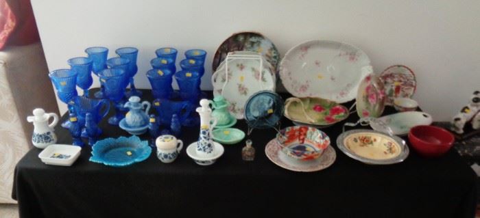 Blue Avon Glassware along with Vintage decorative plates & bowls.