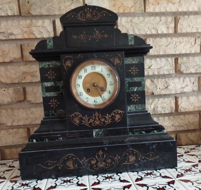 Antique French Inlaid Marble Clock w/original Key - works intermittently, needs a cleaning
