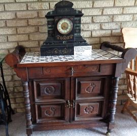 Antique Tiled Top Serving Cart & French Inlaid Marble Working Mantle Clock (Clock is Sold)