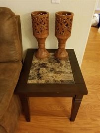 End Table, Wood carved candle holders