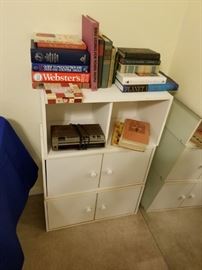 cabinets, books